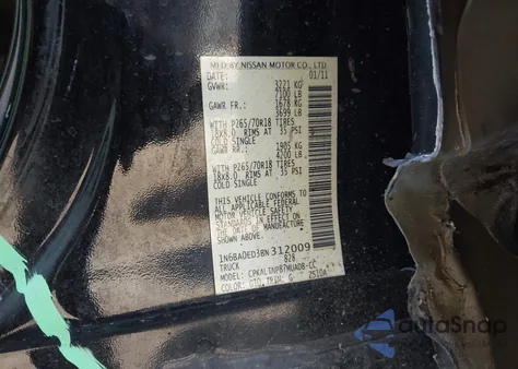 2011 Nissan Titan Sv z USA, uszkodzony, nr VIN 1N6BA0ED3BN312009